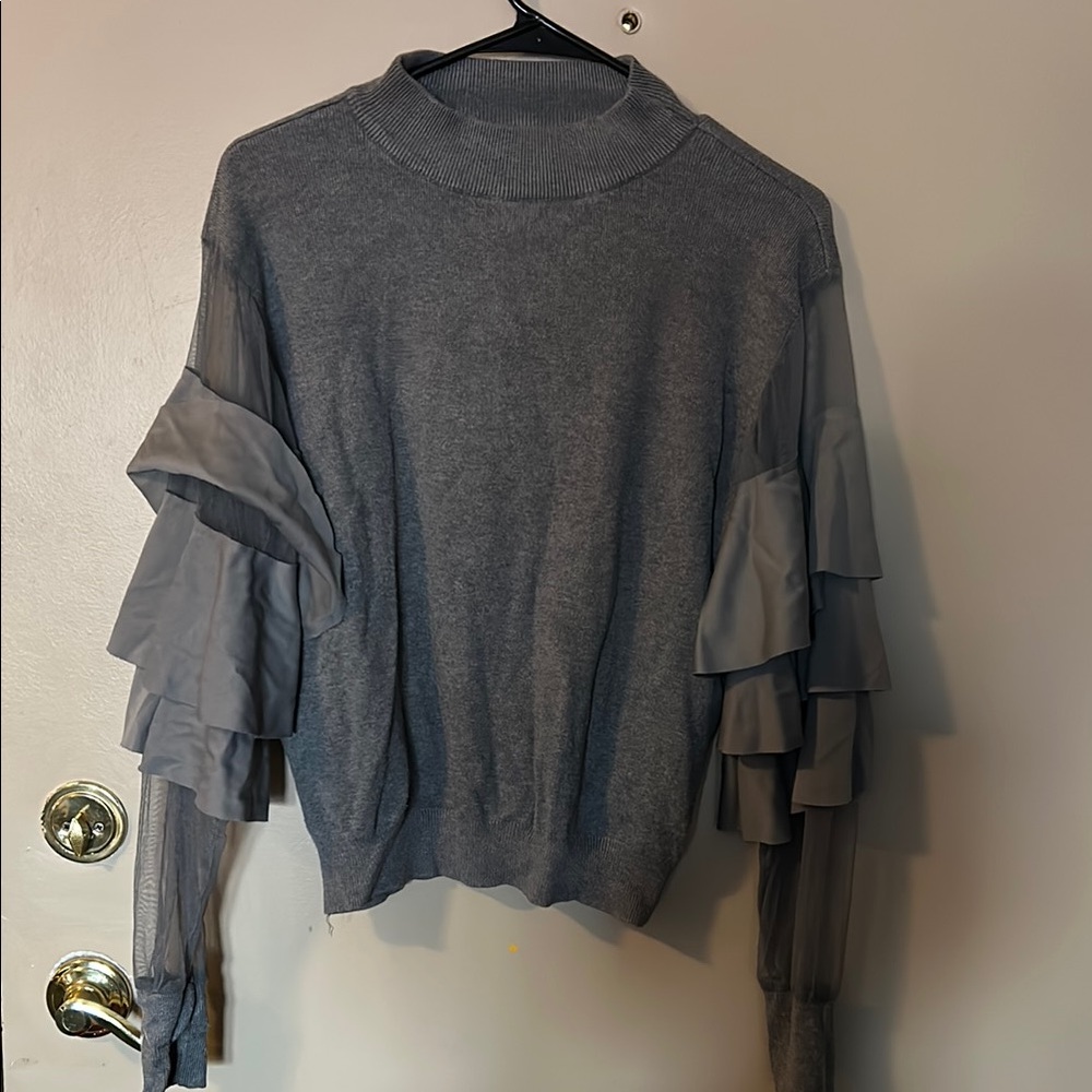 Gray Ruffled Sleeve Sweater